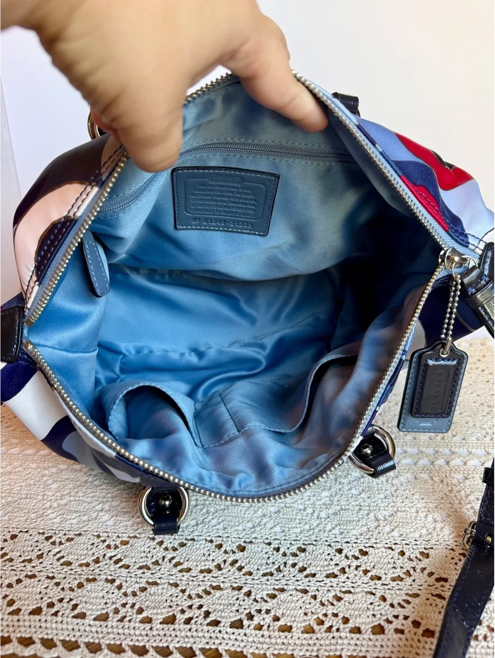 Coach 21233 Kristin Op Art Satin Satchel Crossbody Bag Blue Red Patent Leather